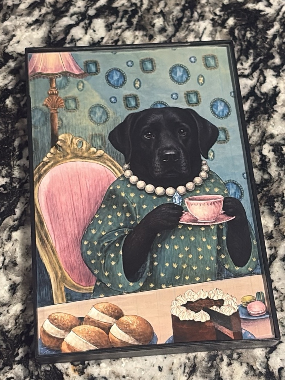 Black Labrador Tea Time Art Print in Green